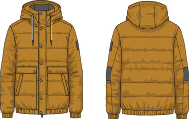 Stylish unisex padded puffer jacket fashion flat sketch technical cad drawing, featuring a detachable hood and multiple pockets, a must-have warm winter outerwear design. © Masum Creatives