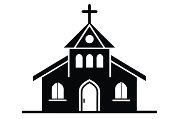 Black and White Church Icon with Cross and Arched Windows Silhouette Style