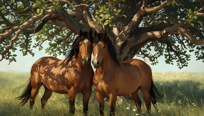 illustration of brown horse and tree