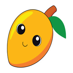 Fototapeta premium Cute cartoon mango character with smiling face and green leaf isolated on white background