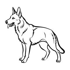 Fototapeta premium Detailed black and white illustration of a standing german shepherd dog with tongue out