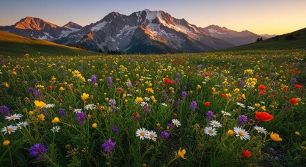 Fototapeta premium Alpine Meadow Sunset: Vibrant Wildflowers Against Majestic Snow-Capped Peaks