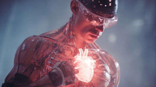 Futuristic man with glowing heart