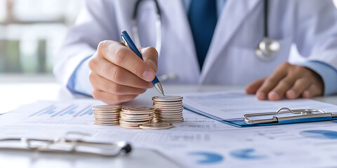 Financial Analysis by Doctor: Medical professional reviews data with stacked coins, suggesting healthcare finances and economics.