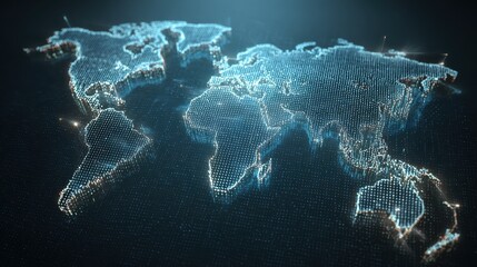 digital holographic world map displayed on dark background, showcasing geographical features and outlines. map glows softly, creating futuristic atmosphere