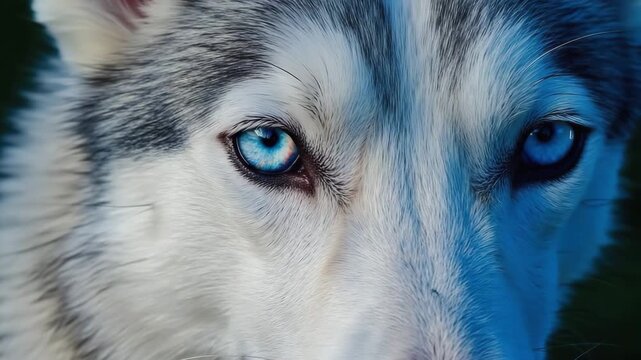 Close-up of Siberian husky with intense blue eyes in natural lighting