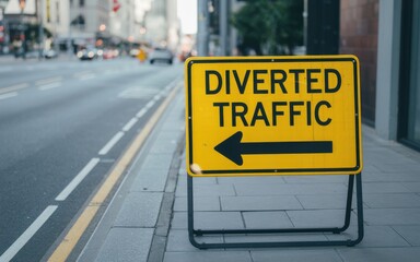 Yellow warning sign indicating diverted traffic with an arrow pointing left on a city street with blurred background.