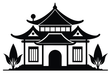 Fototapeta premium Black and White Silhouette of Traditional Asian Pagoda with Plants Illustration
