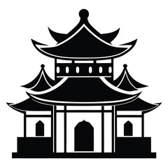 Fototapeta premium Ornate Black Silhouette Illustration of Asian Pagoda Temple with Multiple Roofs