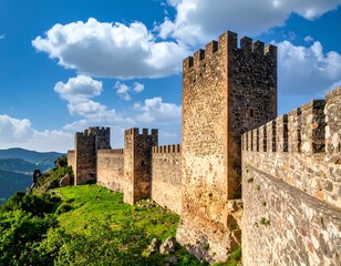Obraz premium Ancient stone fortress wall stretches across a hilltop