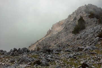 Limestone mountain slope with scattered rocks partially hidden in atmospheric mist