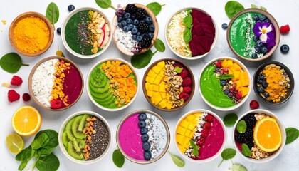 Colorful Flat Lay of Layered Smoothie Bowls with Rainbow Superfood Toppings — Spirulina, Dragon Fruit, Blueberries, Coconut and More
