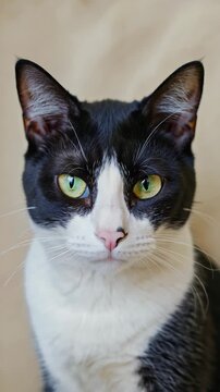 Close-up of a black and white cat with bright green eyes looking at the camera