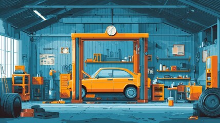 Car garage. Auto repair service, workshop station with tool equipment. Mechanic maintenance vehicle, transport check in vector illustration, no logos, no brands