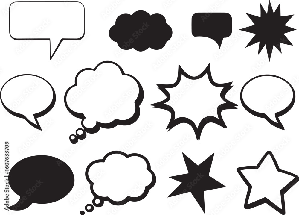 Fototapete comic speech and thought bubble vector set blank starburst and dialogue shapes for pop art, meme tem