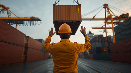 Worker guiding shipping container with cranes at a port, ensuring safety and precision. Logistics and transportation in global trade.