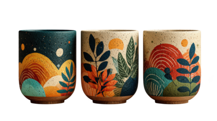 Three decorative ceramic mugs with natureinspired patterns isolated on a transparent background