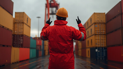 Maritime worker signals amid stacks of containers in a busy port, wearing safety gear on an overcast day. Logistics & trade.