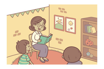 A kind teacher enthusiastically reads a book to two attentive children in a cozy classroom setting