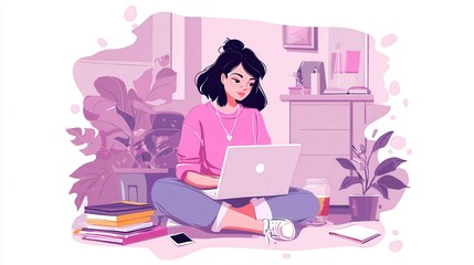 A girl makes a post on big laptop. Bloger is shareing information in weblog, online journal or informational website. Bloging and personal web log concept. Violet palette. App interface template., no