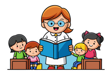 Joyful teacher reads aloud to engaged young students in a bright classroom setting