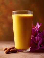 Tall Glass of Saffron Infused Almond Milk with Bright Background