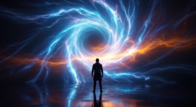 A lone figure stands before a swirling cosmic nebula in the vastness of space