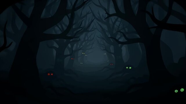 A spooky illustrated path through a dark enchanted forest at night, where mysterious glowing red and green eyes watch from the shadows.