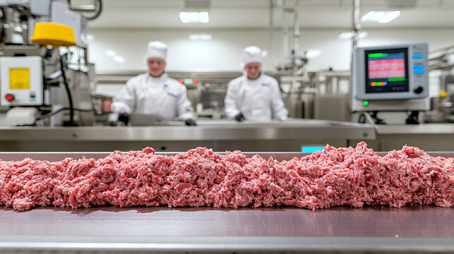 Ground meat on a conveyor belt in a processing facility, with workers in white coats and machines in the background, showcasing mass production.