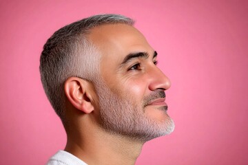 Obraz premium A charming male captured in a close-up studio shot. Visual idea of style for aging men. Chic men's two-block cut haircut - midlife middle eastern man with short hair. Pink solid background.