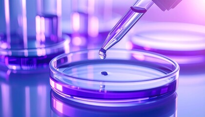 Close-up of lab equipment with purple liquid.  Pipette drops liquid into petri dish.  Scientific research