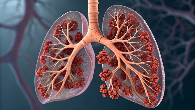 Detailed 3D cross-section of the lungs — alveoli clusters, bronchioles branching, blood vessels absorbing oxygen in vivid realism