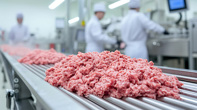 Ground meat production: Freshly processed meat on a conveyor belt, ready for packaging in a food processing plant with workers in clean white uniforms. - Powered by Adobe