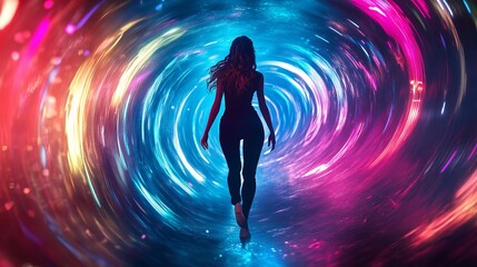 Naklejka premium A person explores a glowing tunnel of light and energy in a futuristic digital landscape