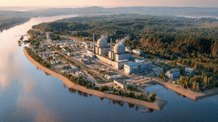 Fototapeta premium An aerial view of a state-of-the-art nuclear power plant located beside a river