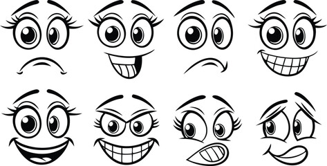 Collection of eight cartoon facial expressions showing a range of emotions from happy and excited to sad and angry hand drawn style