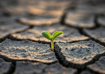 A single seedling grows in cracked, dry soil, symbolizing resilience against tough conditions.