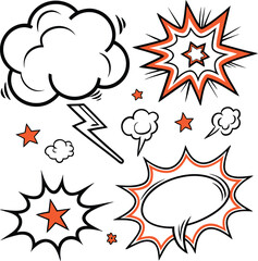 Collection of hand drawn comic book style speech bubbles and explosion elements with stars and lightning bolt for creative design
