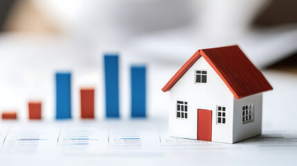 Real estate market trends displayed with bar graphs. Increasing property values indicated by a miniature house model set against statistical data.