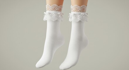 Elegant White Socks with Delicate Lace and Ribbon Detail on Neutral Background