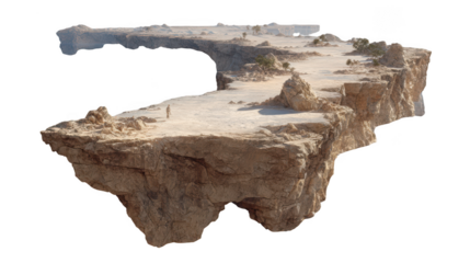 A surreal floating island with rugged rock formations and a barren landscape, isolated on a transparent background
