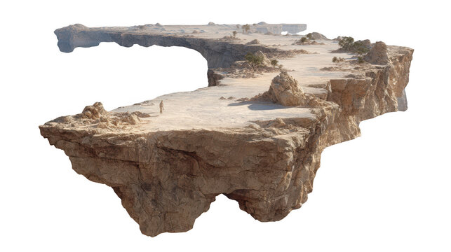 A surreal floating island with rugged rock formations and a barren landscape, isolated on a transparent background