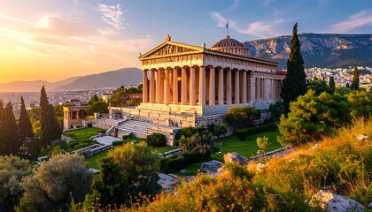 Ancient temple at sunset, panoramic view