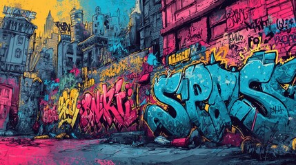 Naklejka premium Graffiti posters. Street walls art banner, marker ink paint urban design. Neon colors drawing, spray and scribble elements. City style neoteric vector background, no logos, no brands