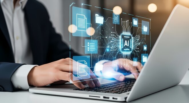 AI Data Processing on Laptop Photo - Powered by Adobe