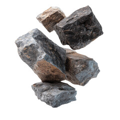 A meditative pile of shale and clay stones, composed with a thoughtful asymmetry that creates a sense of calm and balanced energy, even though it appears to float in space. The entire composition crea