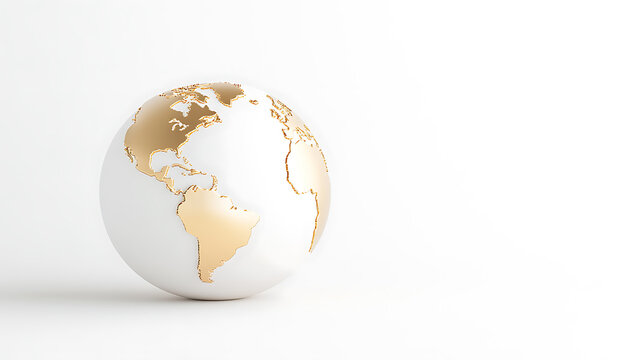 A spherical representation of Earth with golden continents on a white background. A global concept emphasizing geography and planet Earth. Clean aesthetic.
