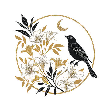 Oleander nightingale black and gold logo design silhouette vector on white background.01