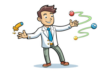 Enthusiastic cartoon scientist with flames and flasks demonstrating chemical reactions in a lab setting