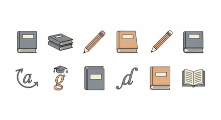 Education Icons Set Books, Pencils & Learning